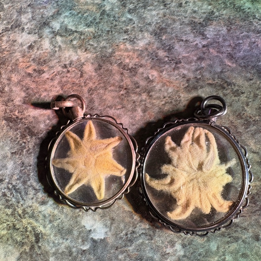 TWO Vintage pressed edelweiss pendants